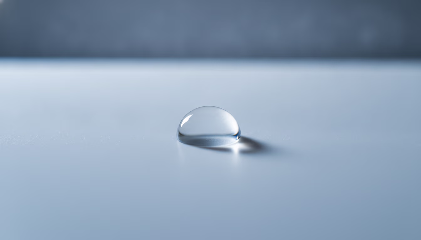 A single crystal-clear water droplet beaded up at a high contact angle on a smooth matte polymer surface — the untreated, low-surface-energy state that plasma activation transforms into a wetting, bondable one.