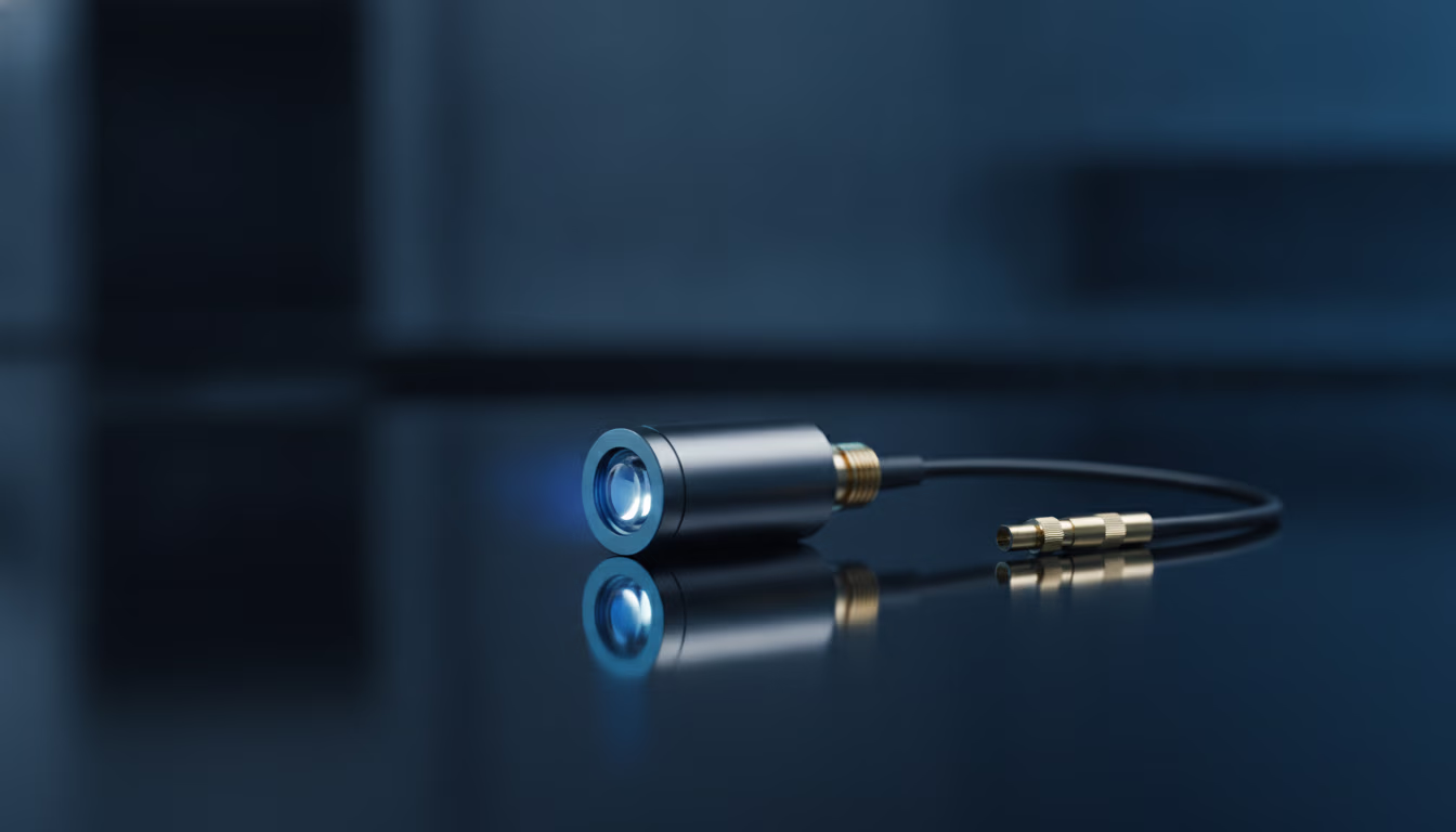 A fiber-optic collimator: a small cylindrical lens barrel with a threaded SMA connector and an optical fiber curving away from it.