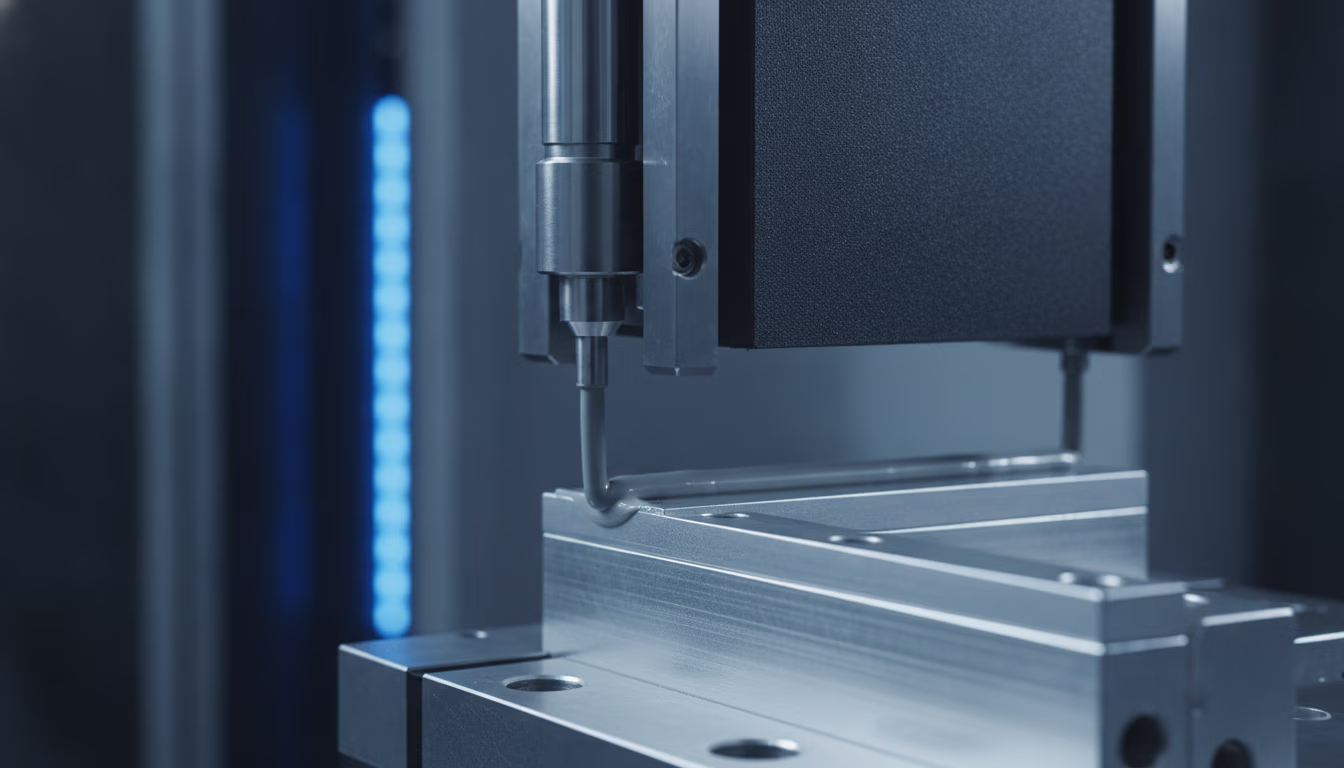 A nozzle dispensing a bead of structural adhesive onto a metal part before a second part is joined