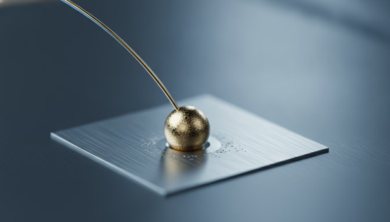 Macro photograph of a gold ball bond on an aluminium bond pad
