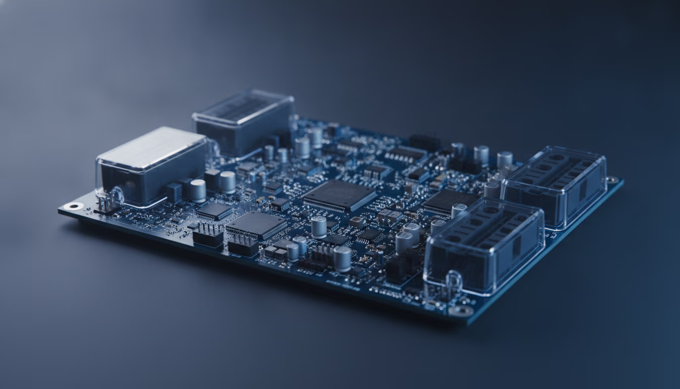 An automotive electronic control unit (ECU) circuit board with sealed connector housings