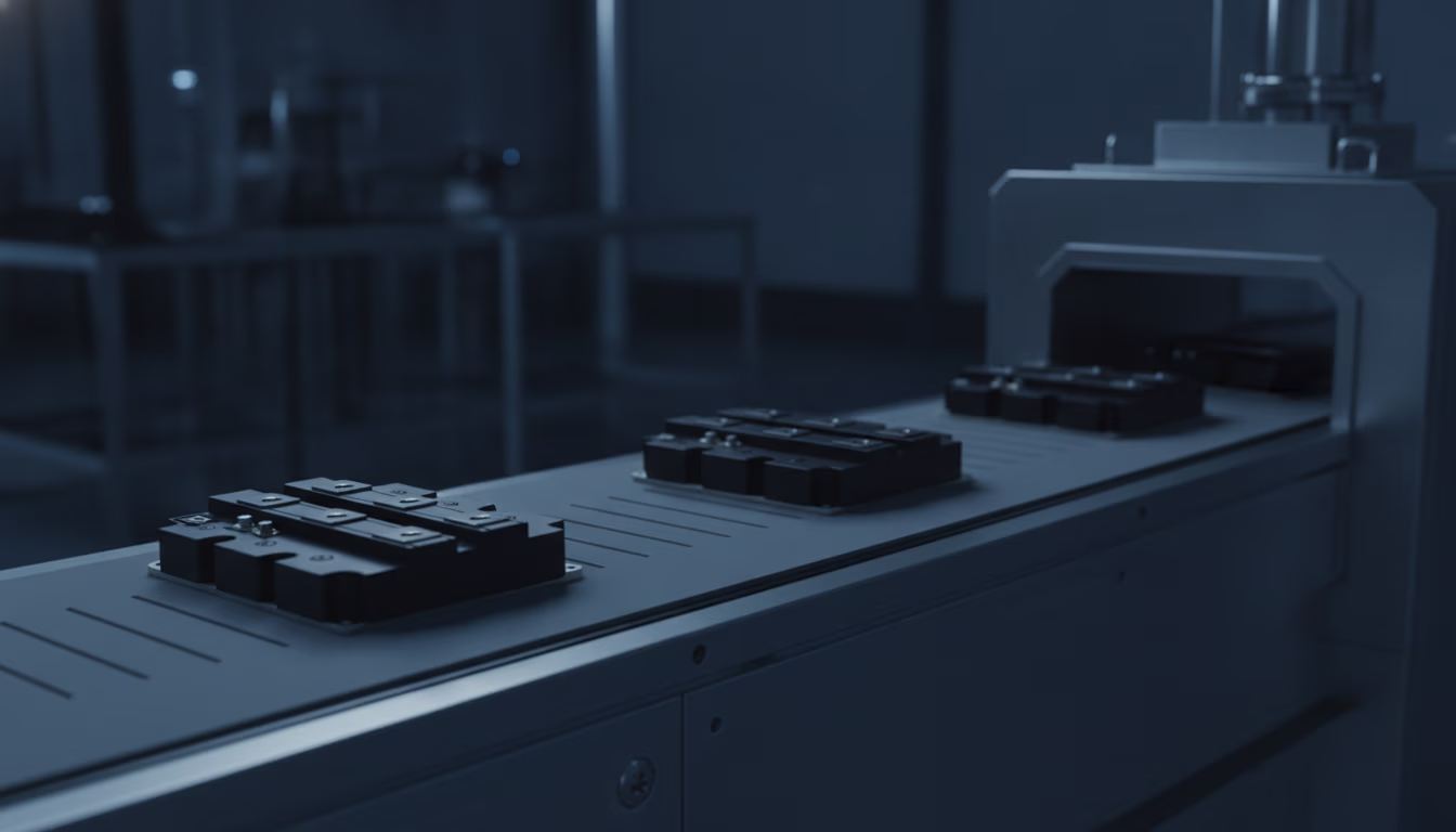 An automotive power module moving along an assembly-line conveyor